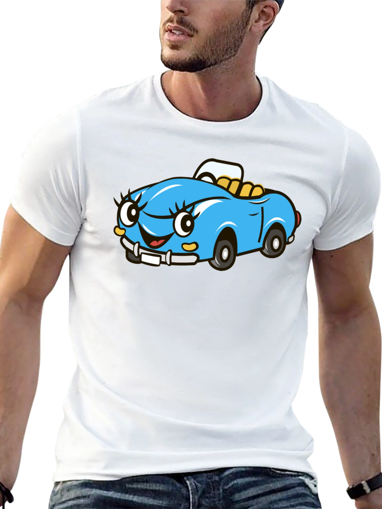 Cute Cartoon Car Graphic Tee - Black Cotton T-Shirt