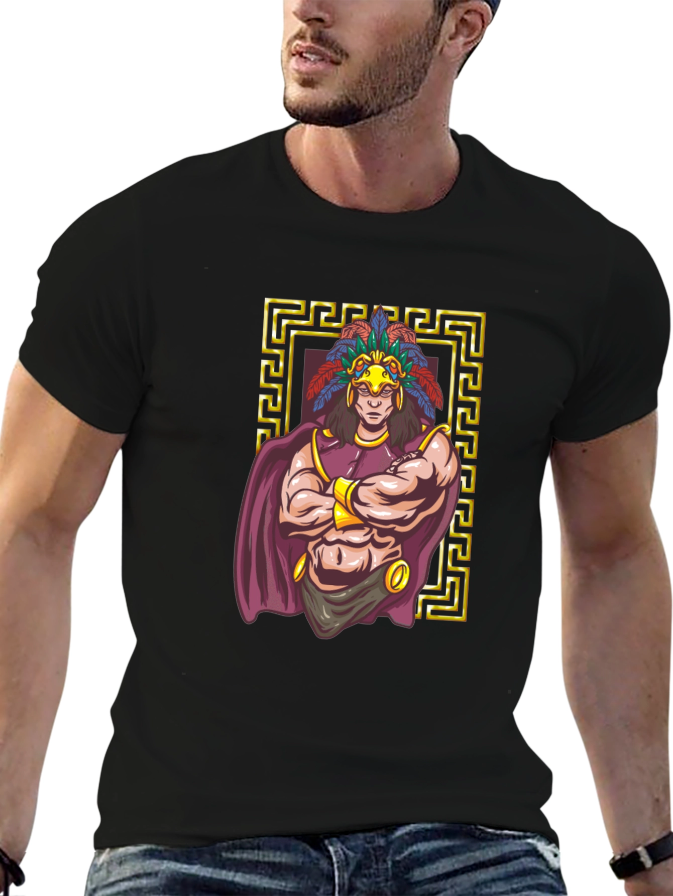 Aztec Warrior Graphic Tee - Black Cotton T-Shirt