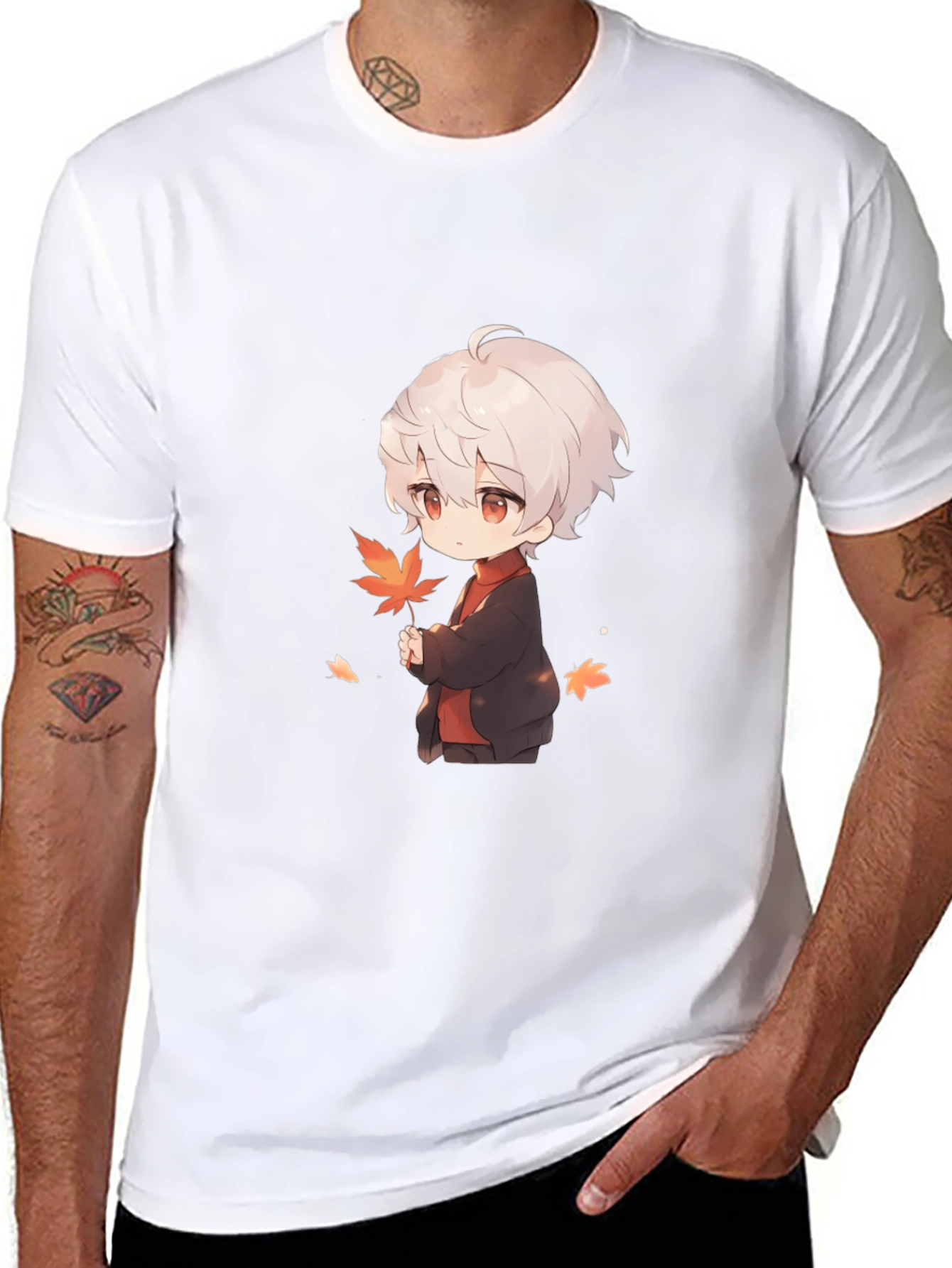Anime Boy Holding Leaf Black T-Shirt