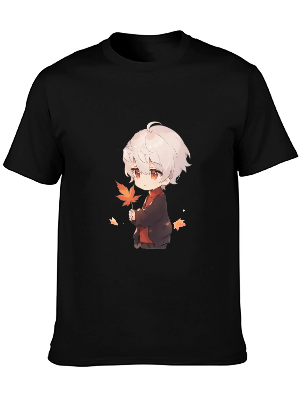 Anime Boy Holding Leaf Black T-Shirt