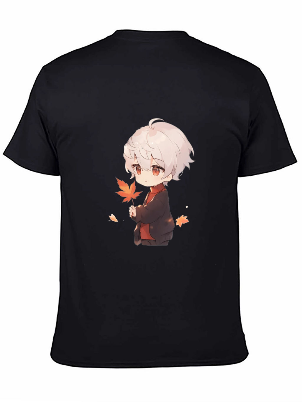 Anime Boy Holding Leaf Black T-Shirt