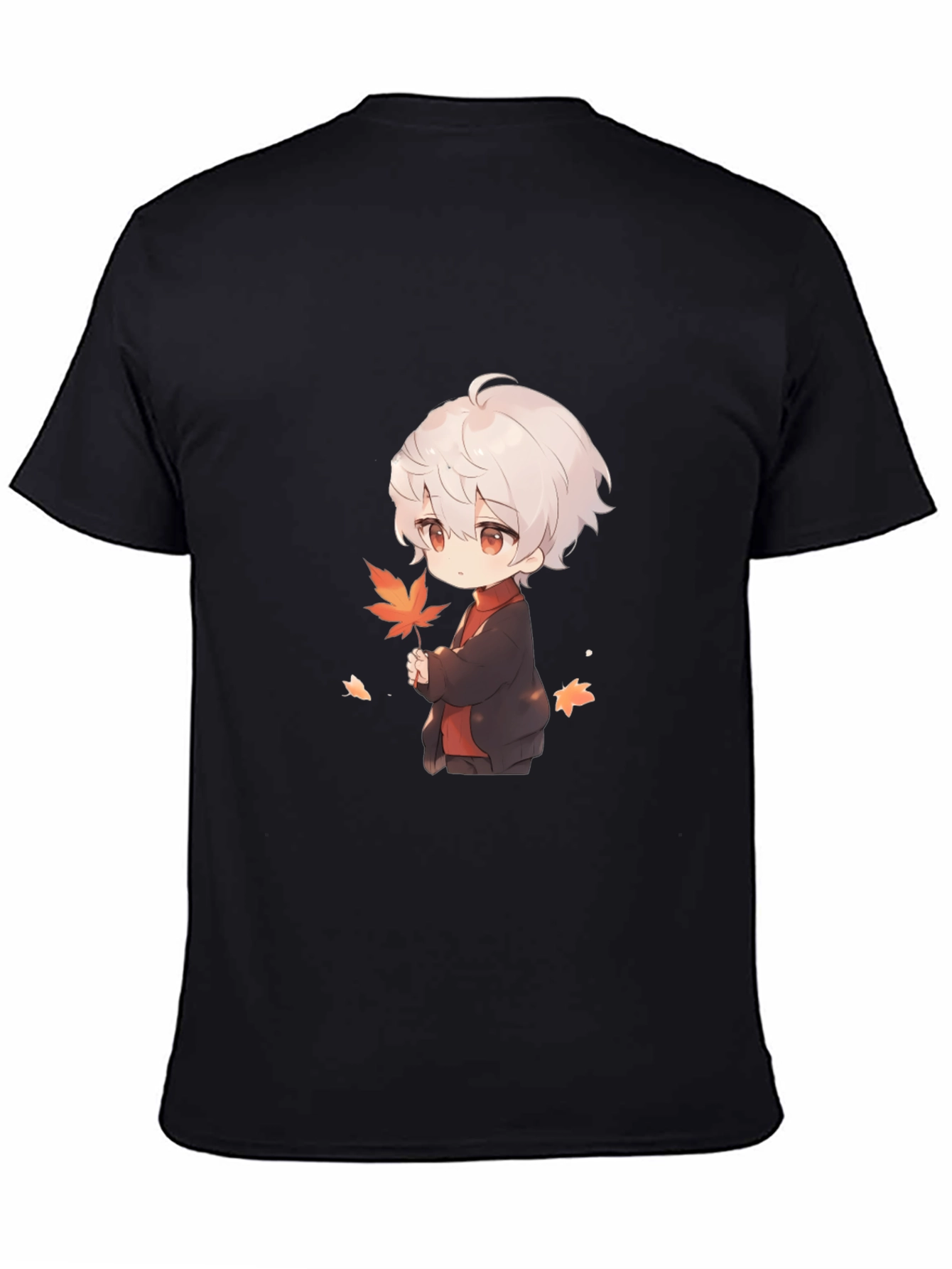 Anime Boy Holding Leaf Black T-Shirt
