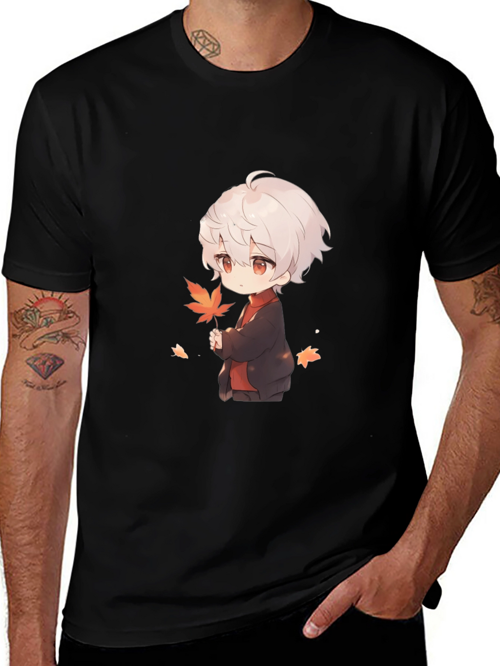 Anime Boy Holding Leaf Black T-Shirt