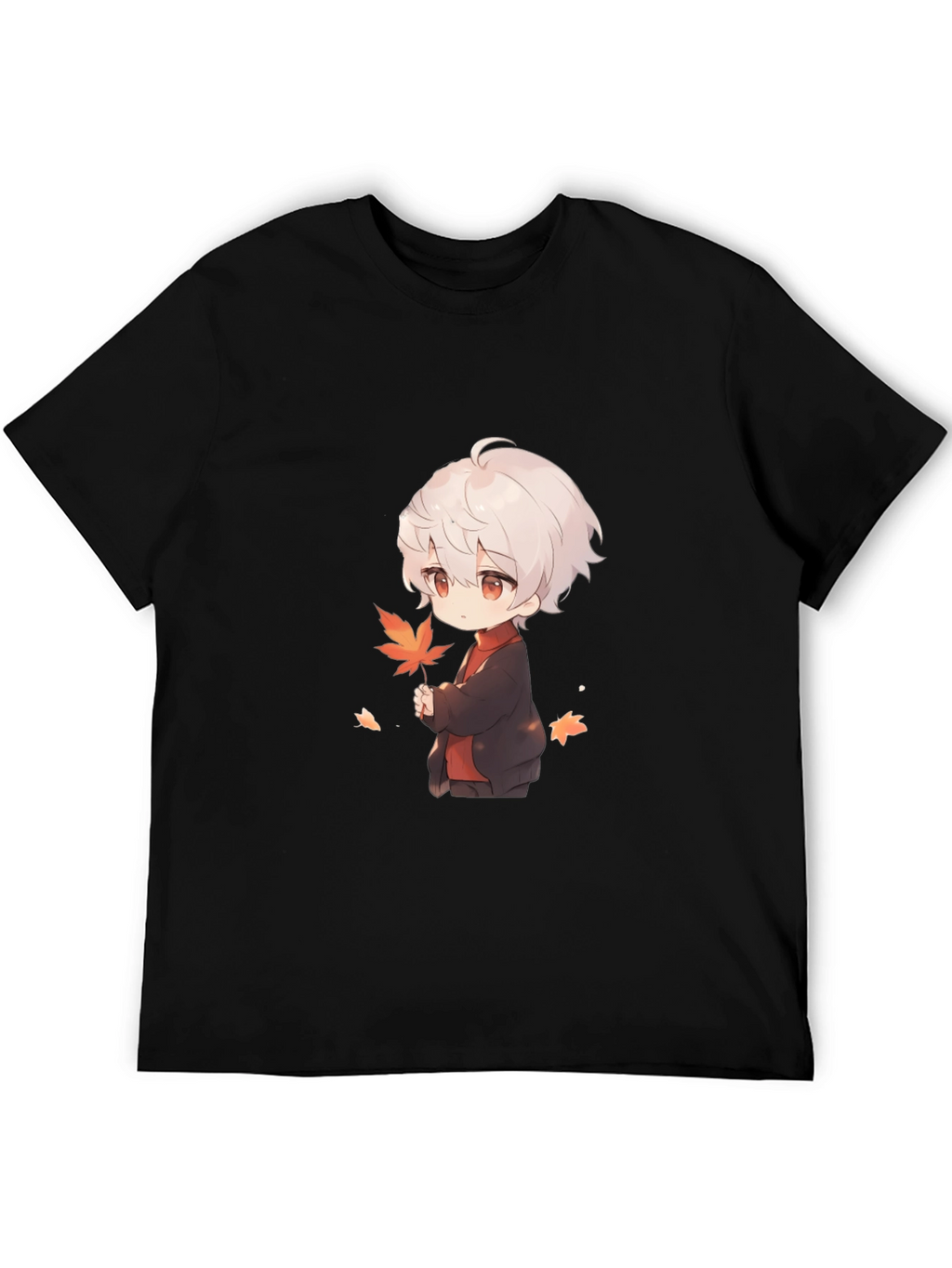 Anime Boy Holding Leaf Black T-Shirt
