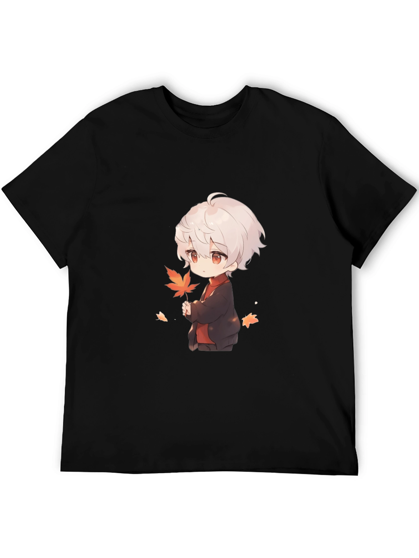 Anime Boy Holding Leaf Black T-Shirt