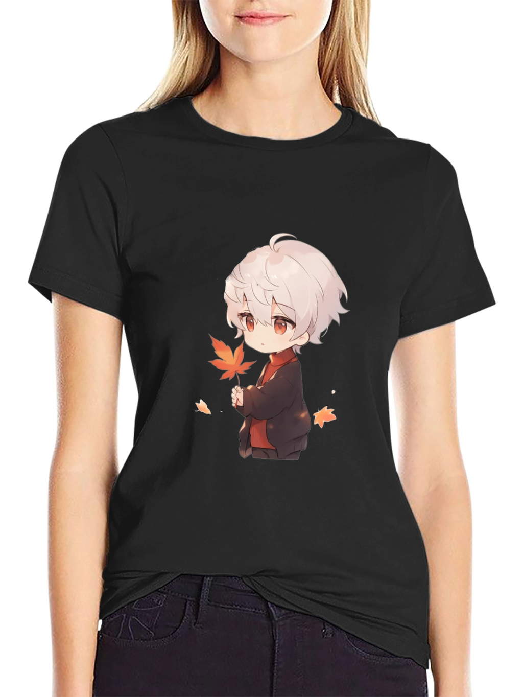 Anime Boy Holding Leaf Black T-Shirt