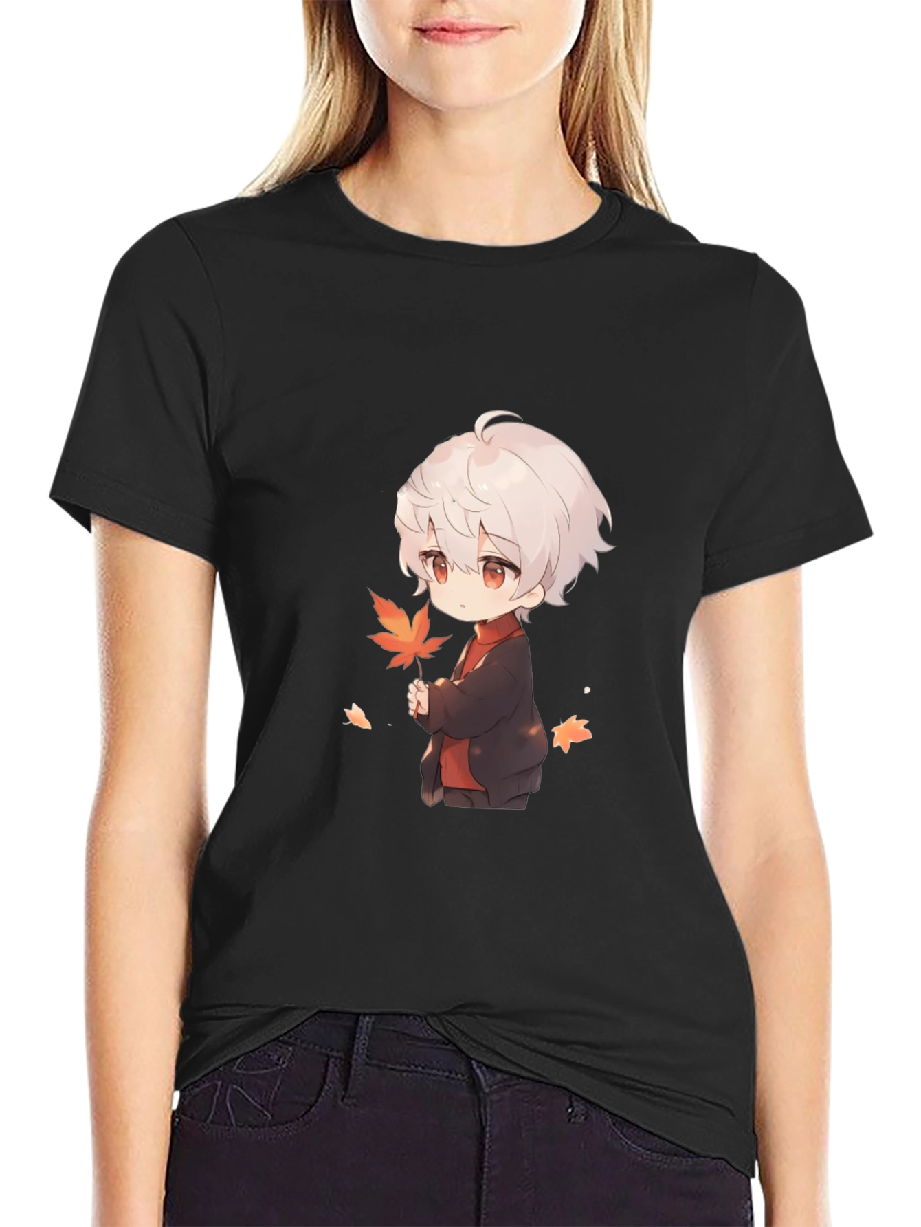 Anime Boy Holding Leaf Black T-Shirt