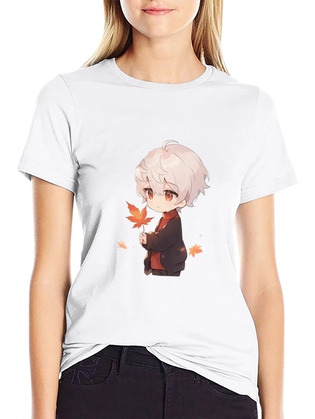 Anime Boy Holding Leaf Black T-Shirt