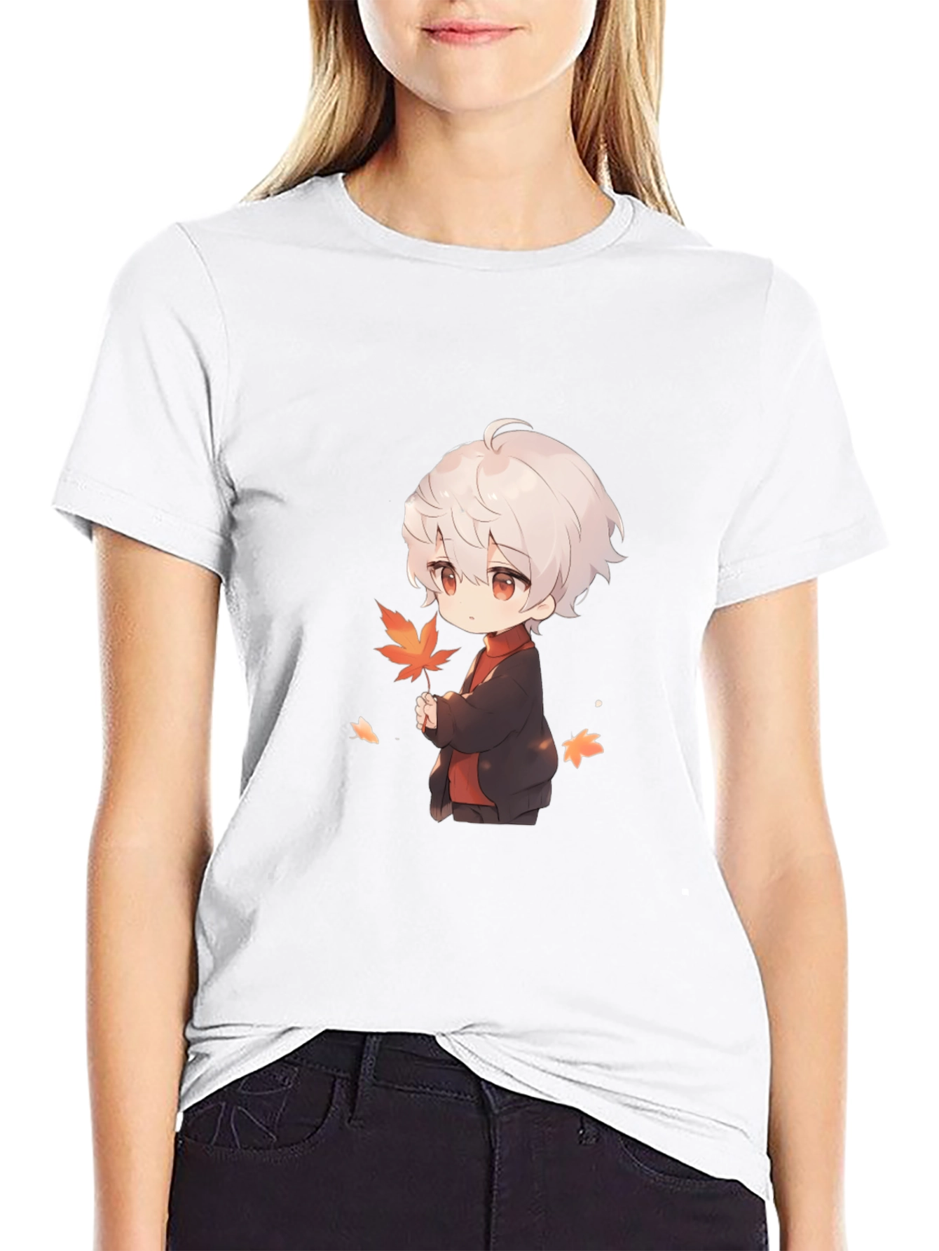 Anime Boy Holding Leaf Black T-Shirt