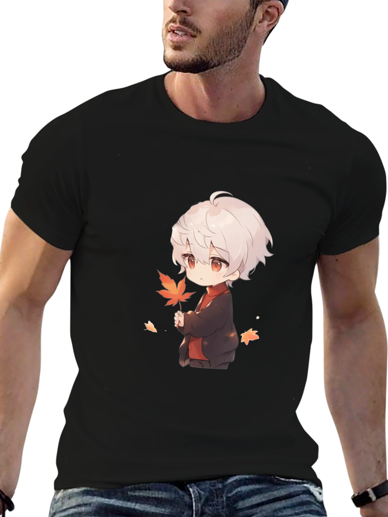 Anime Boy Holding Leaf Black T-Shirt