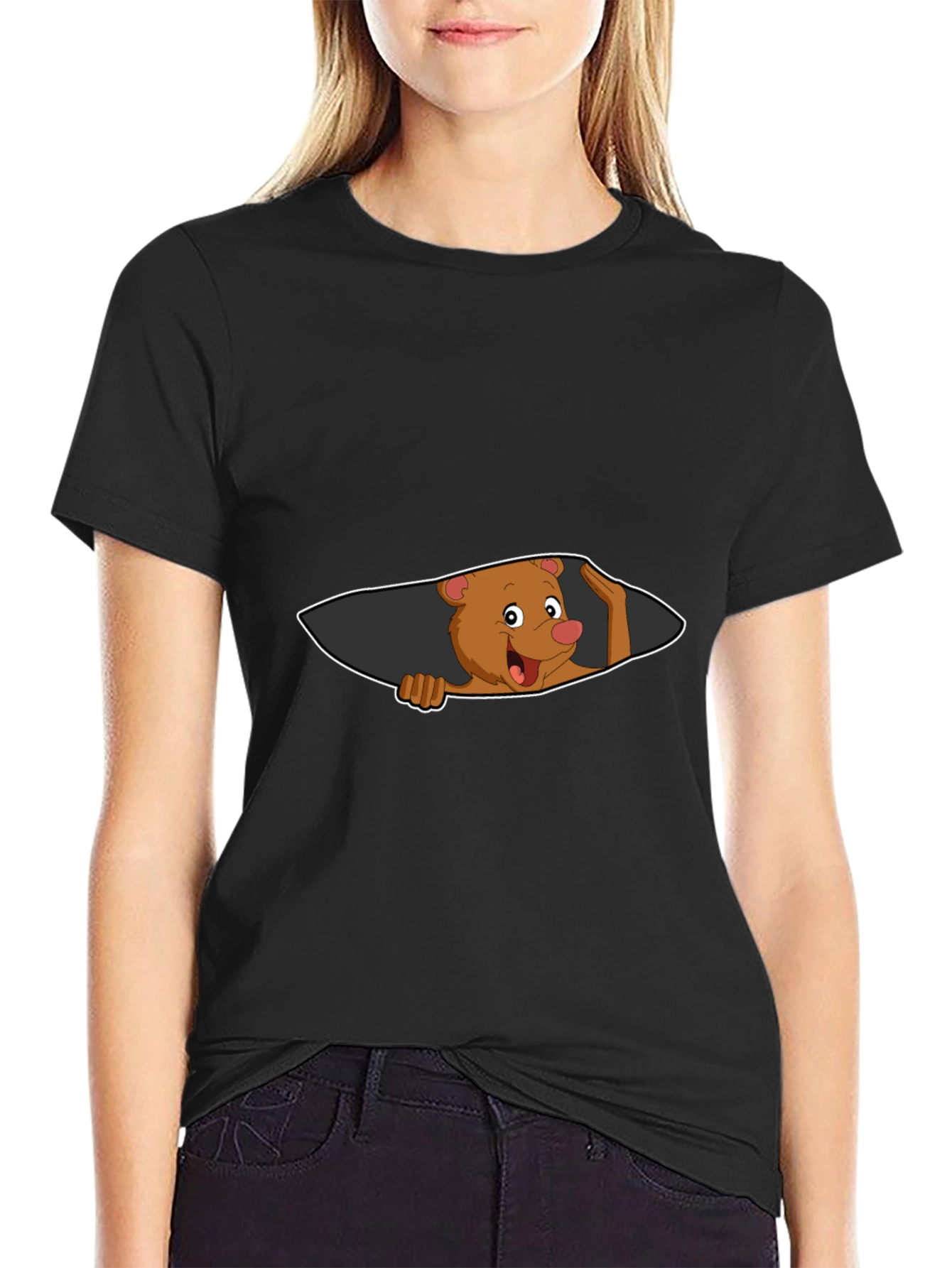 Cartoon Bear Peeking Mens Black T-Shirt