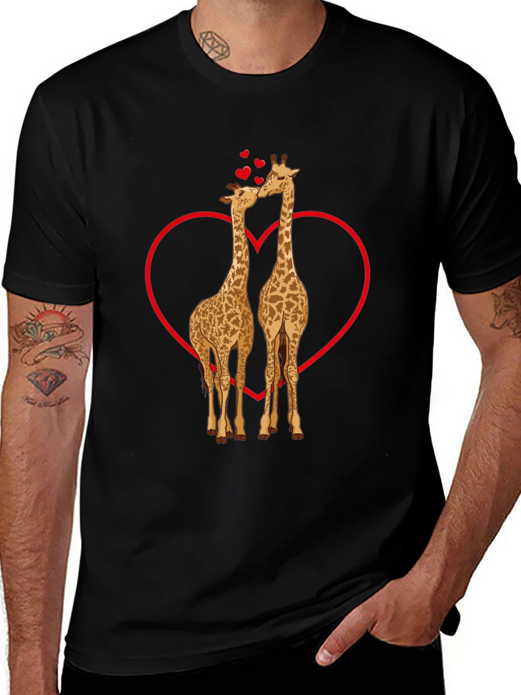 Giraffe Love Valentines Day Black T-Shirt