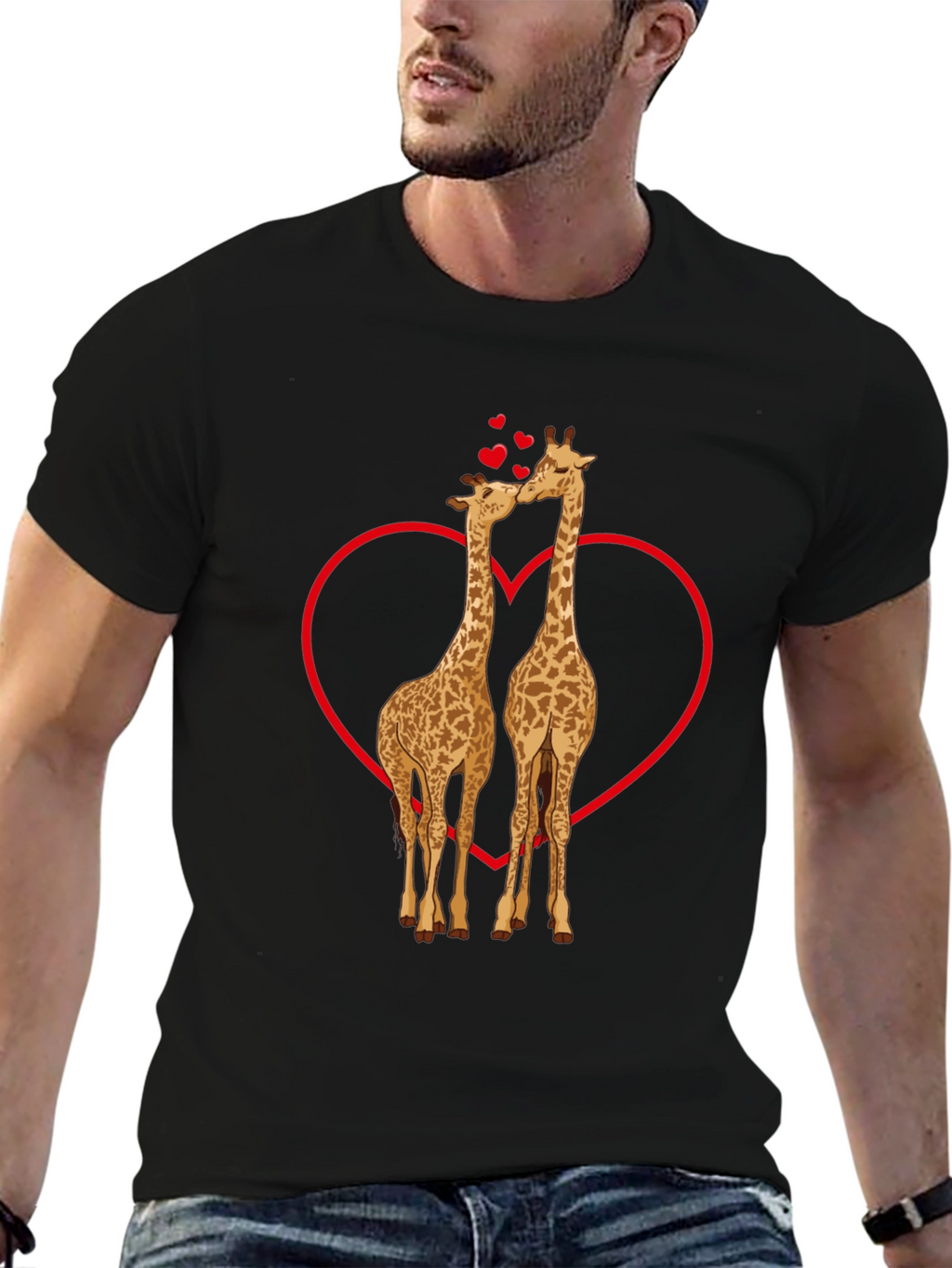Giraffe Love Valentines Day Black T-Shirt