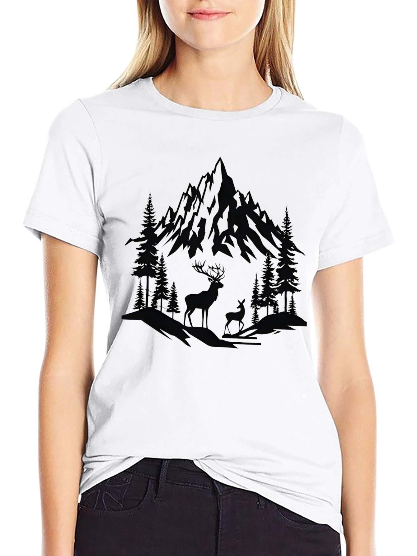 Mountain & Deer Graphic Black T-Shirt