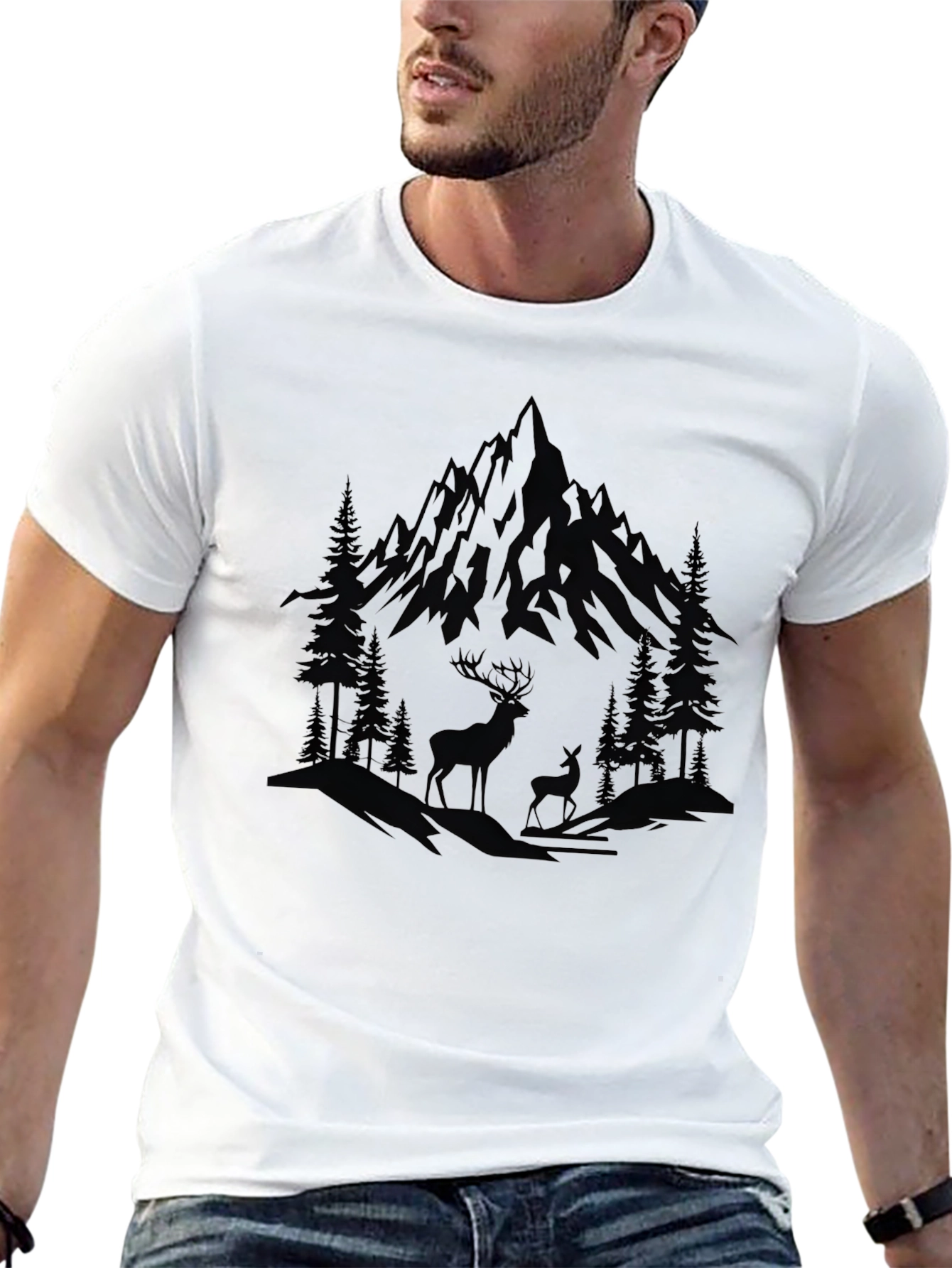Mountain & Deer Graphic Black T-Shirt