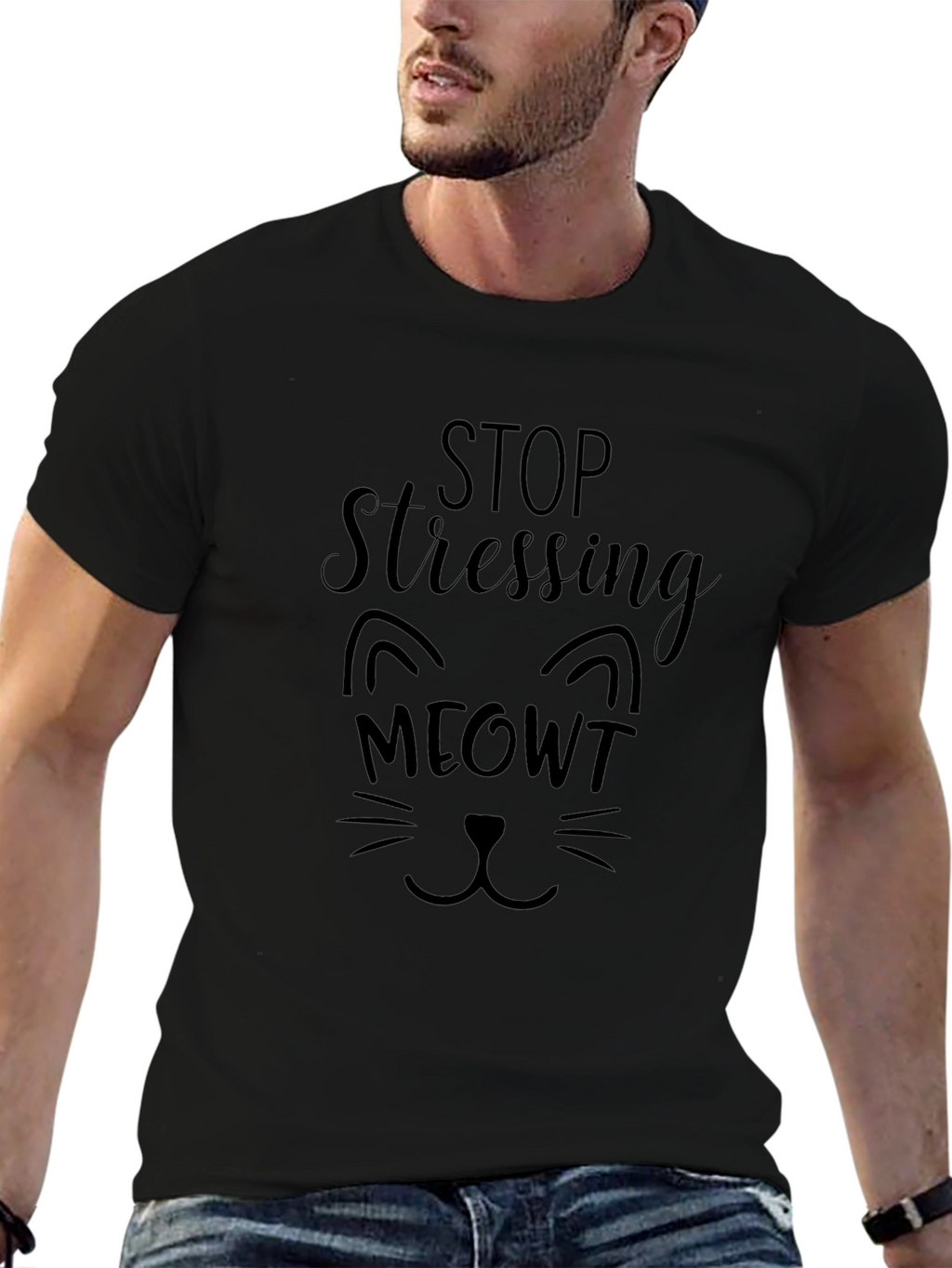 Stop Stressing MEOWT Black Graphic T-Shirt