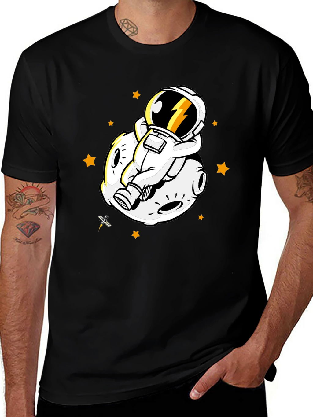 Astronaut on Moon Graphic Tee - Black Cotton Blend