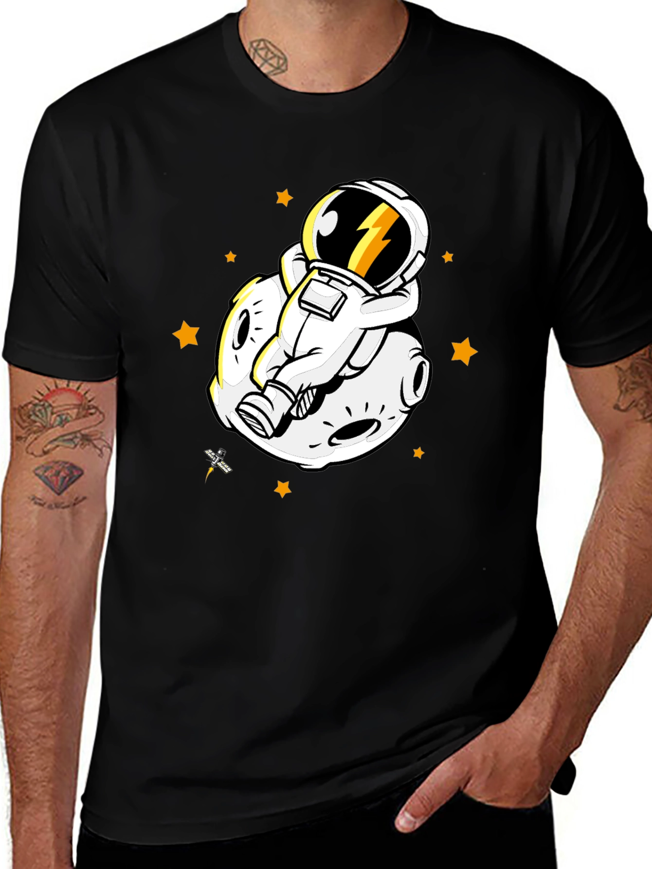 Astronaut on Moon Graphic Tee - Black Cotton Blend