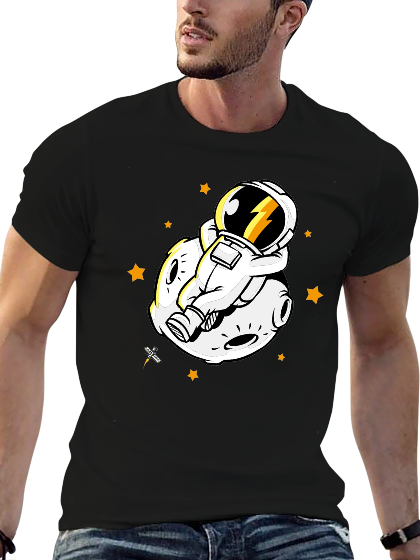 Astronaut on Moon Graphic Tee - Black Cotton Blend
