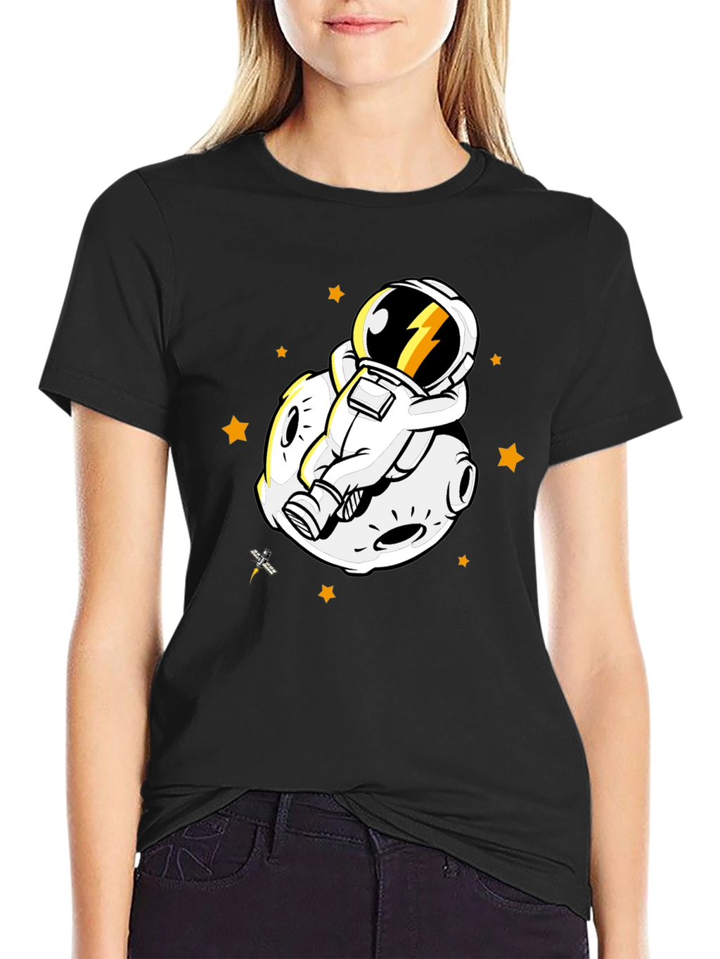 Astronaut on Moon Graphic Tee - Black Cotton Blend
