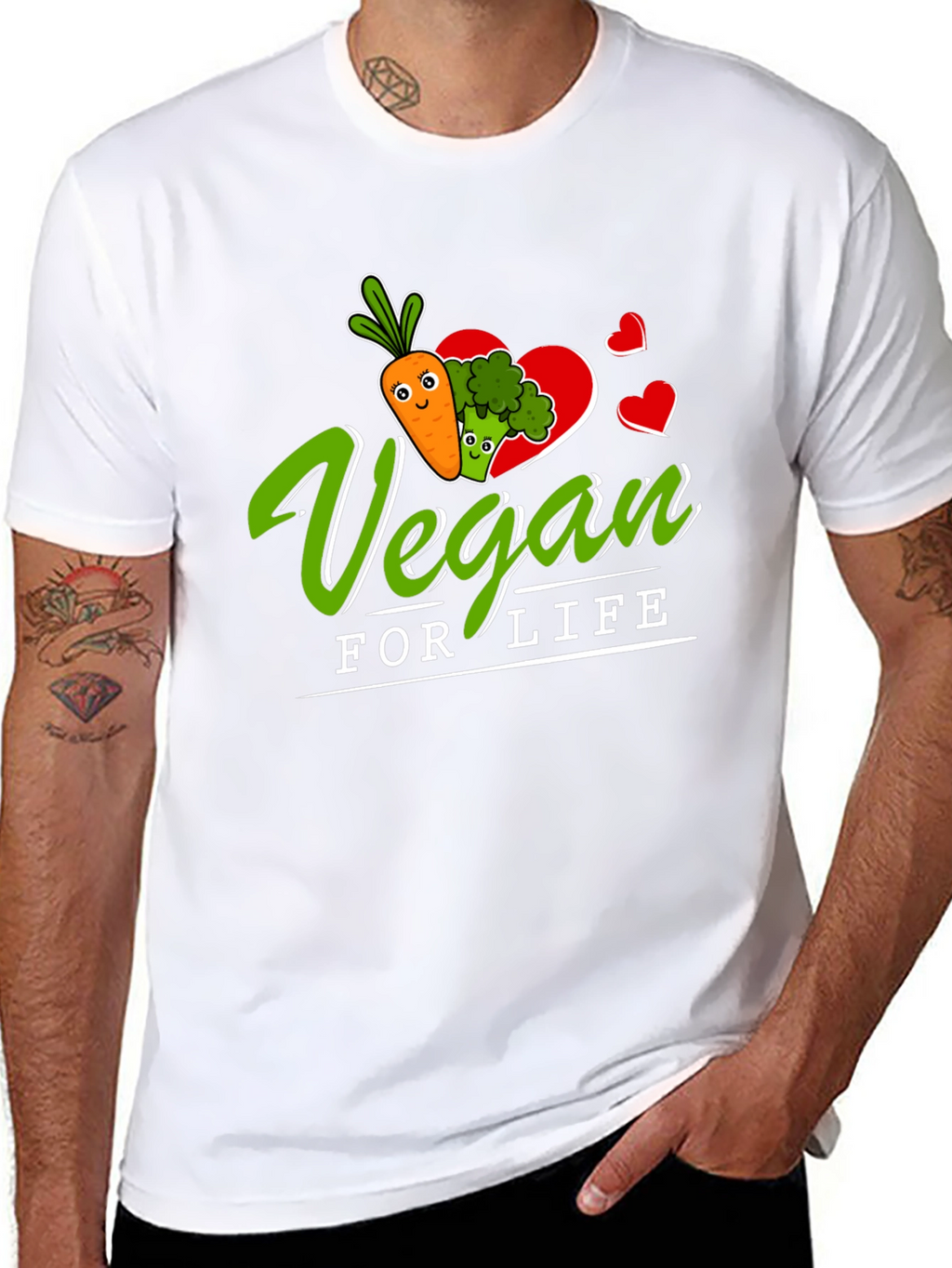 Vegan for Life T-Shirt - Carrot Broccoli Design