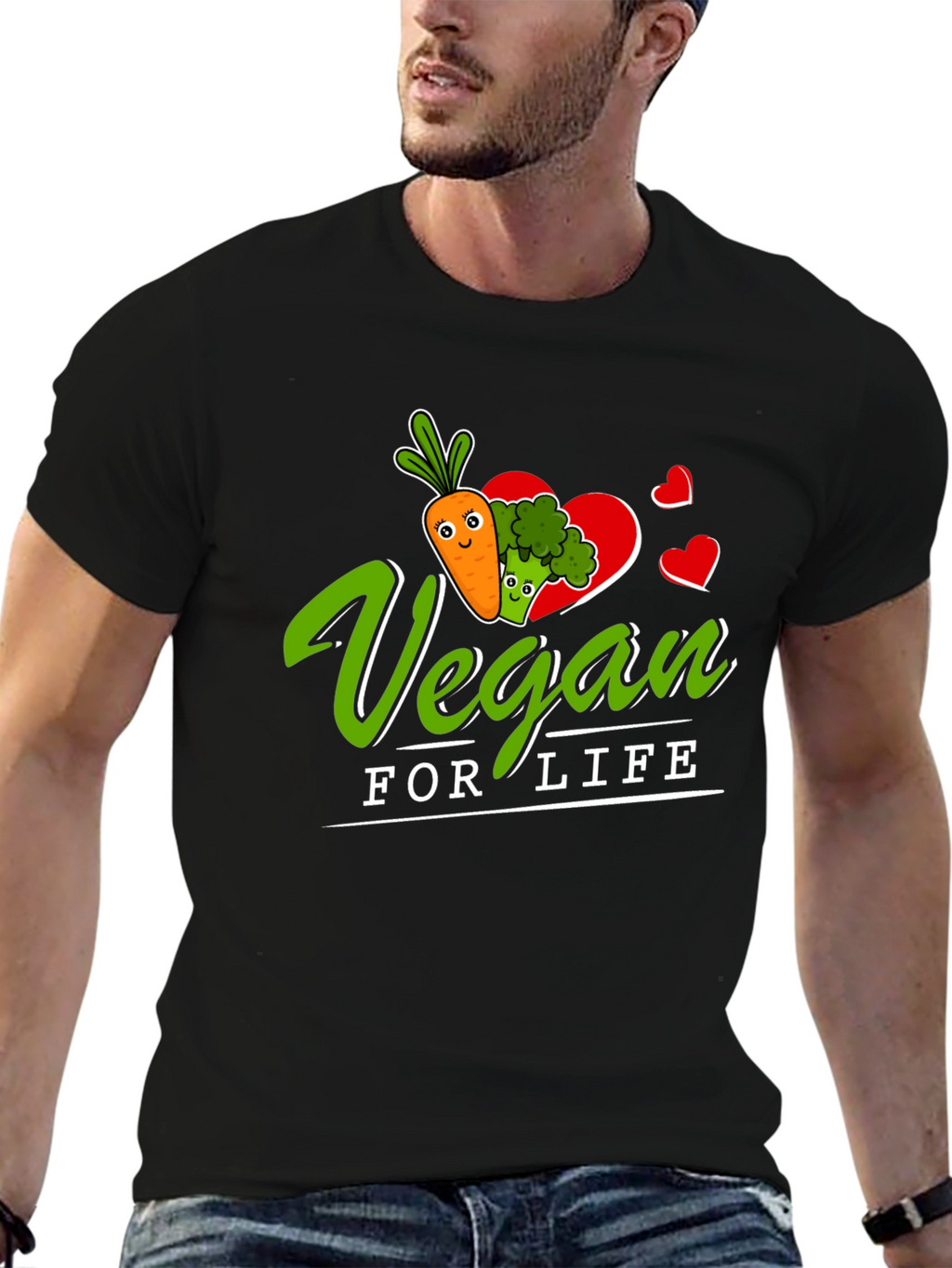 Vegan for Life T-Shirt - Carrot Broccoli Design