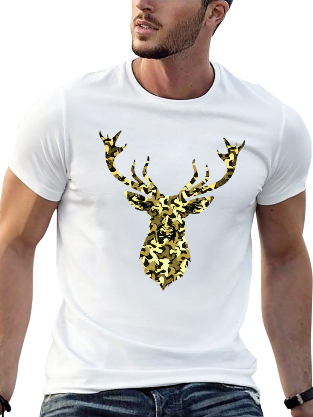 Camo Deer Graphic Tee - Black Cotton Casual Shirt