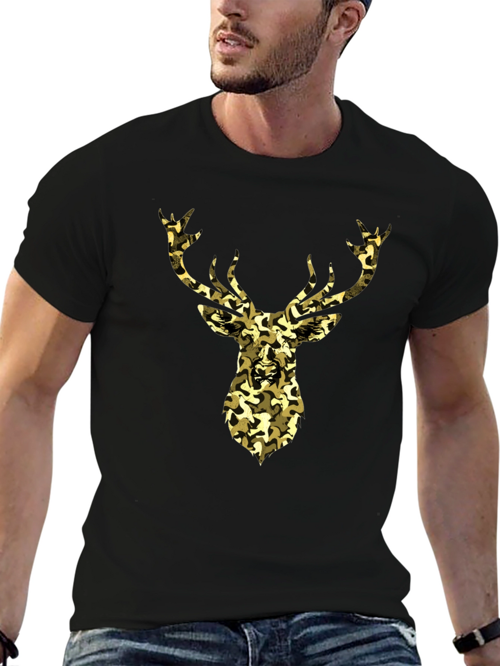 Camo Deer Graphic Tee - Black Cotton Casual Shirt
