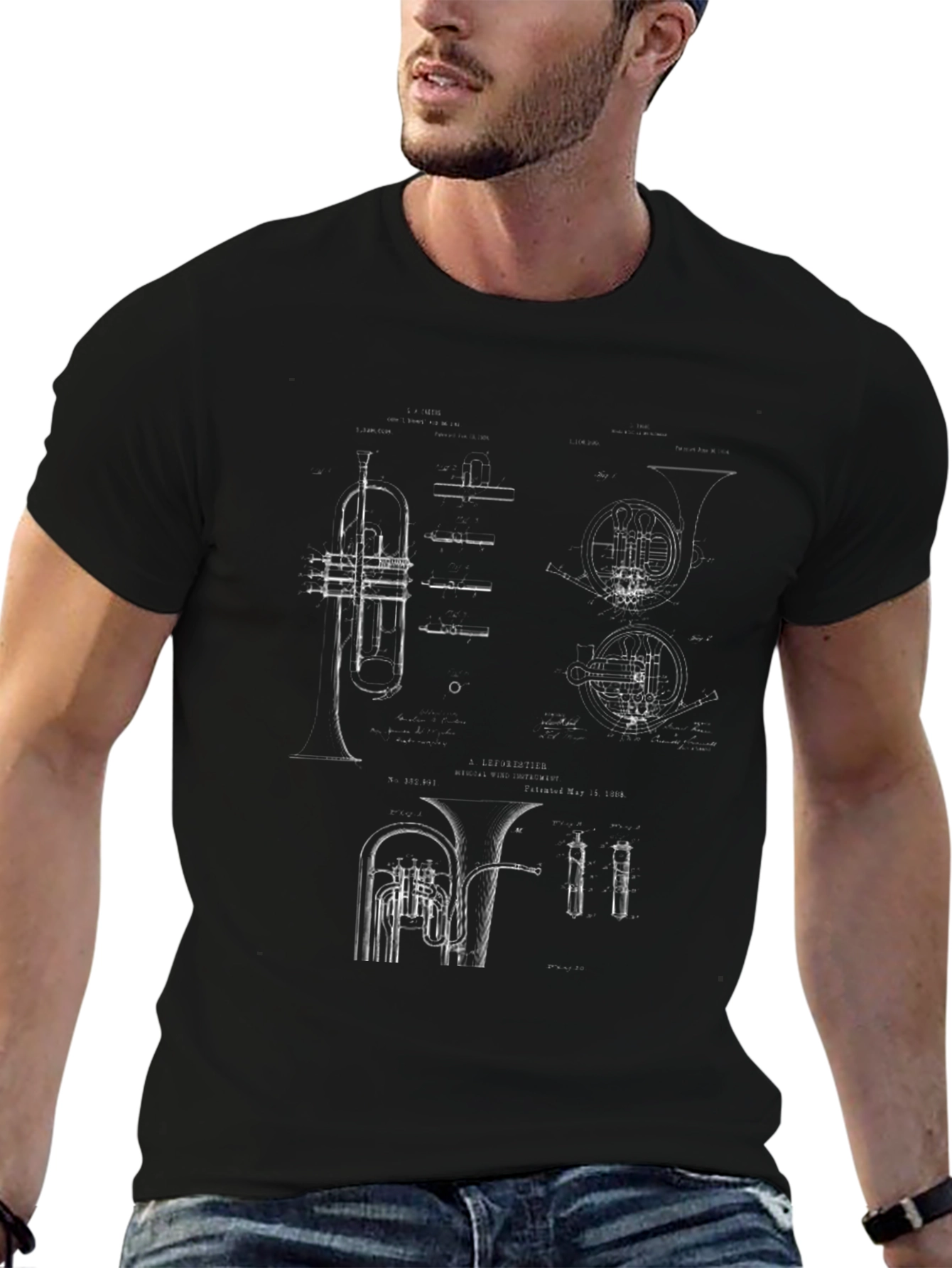 Musical Instrument Blueprint Black T-Shirt