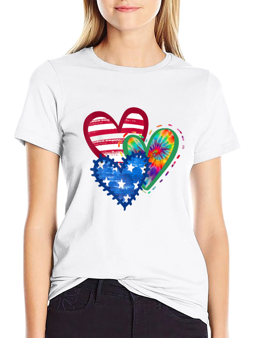 Patriotic Hearts T-Shirt - USA Flag Tie Dye Stars