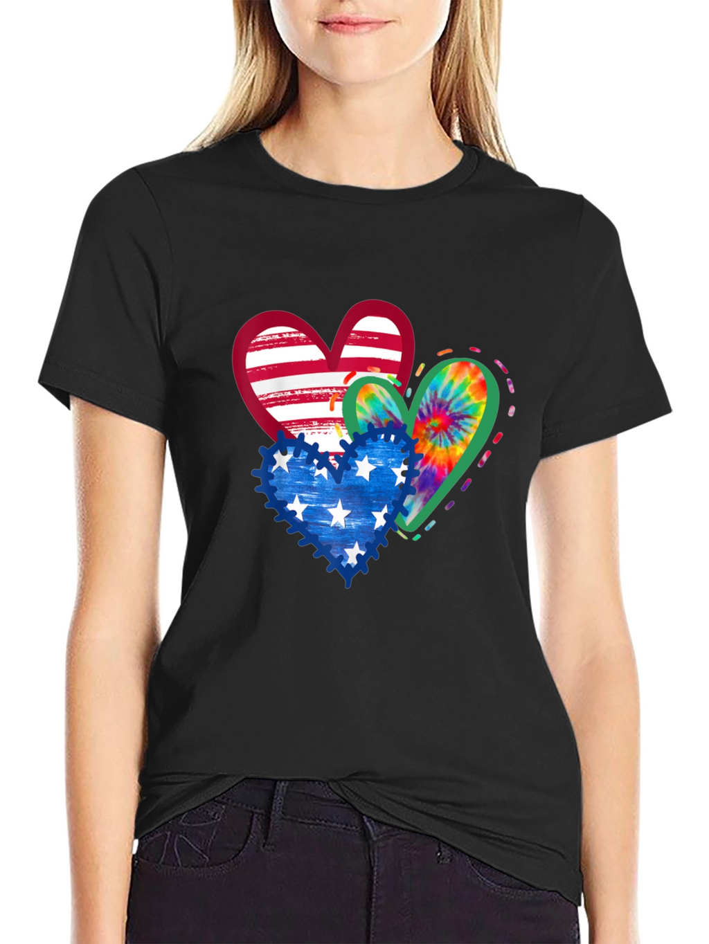 Patriotic Hearts T-Shirt - USA Flag Tie Dye Stars