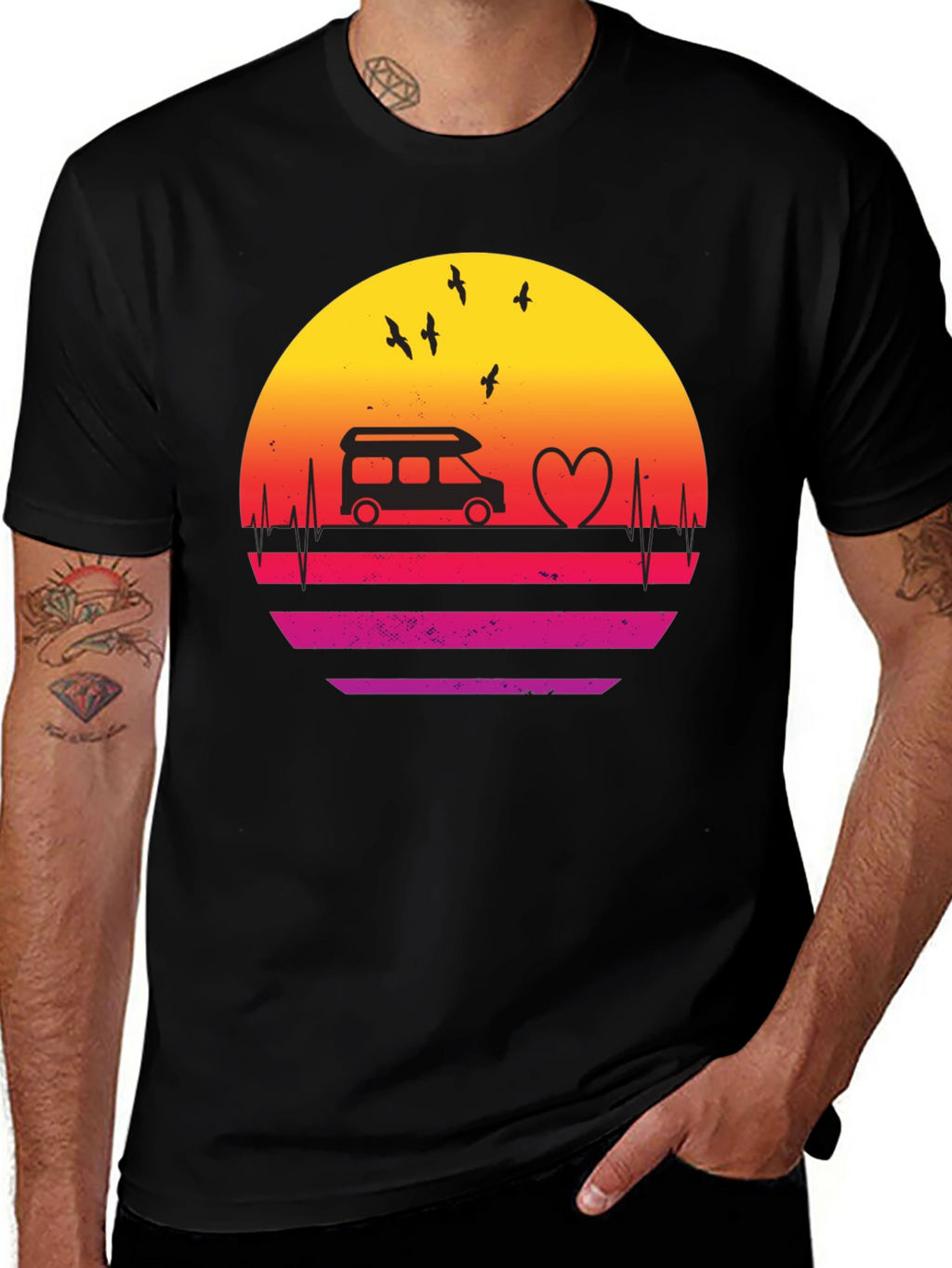 Retro Sunset Camper Van Heartbeat T-Shirt