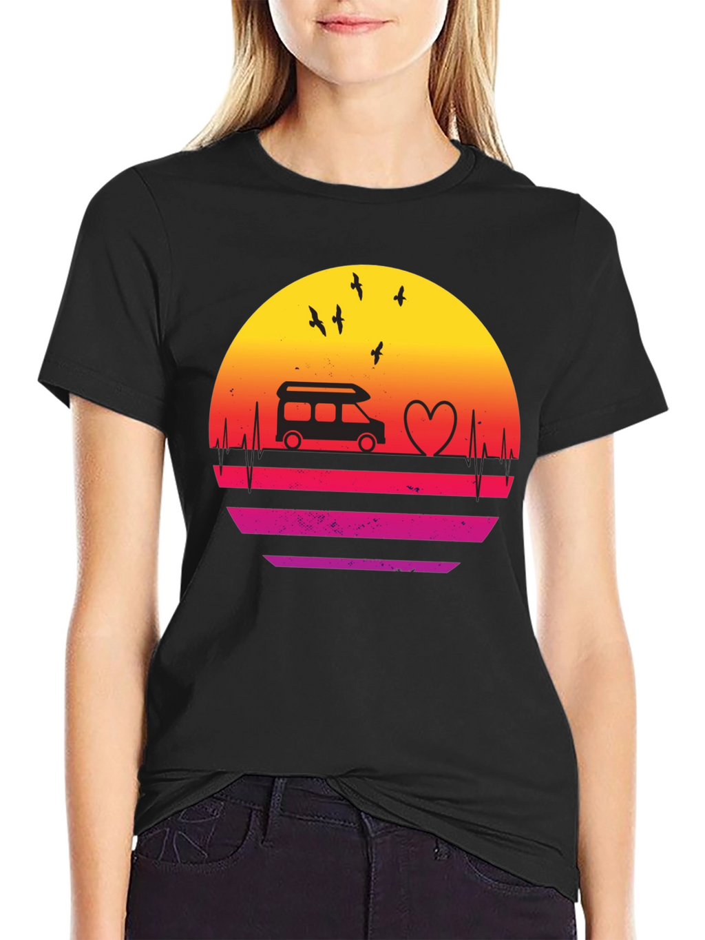Retro Sunset Camper Van Heartbeat T-Shirt