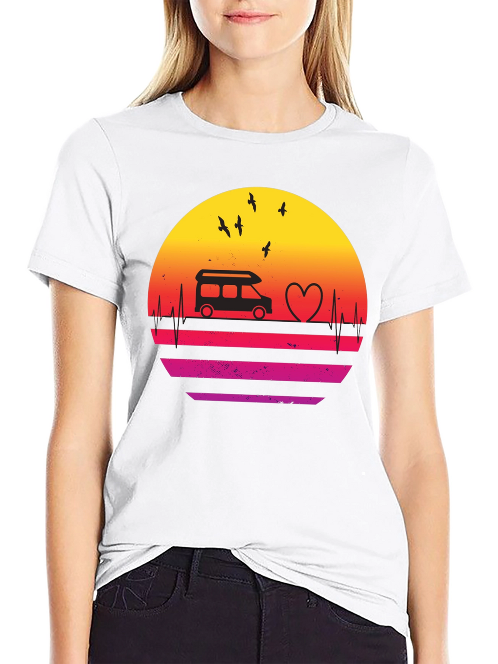 Retro Sunset Camper Van Heartbeat T-Shirt