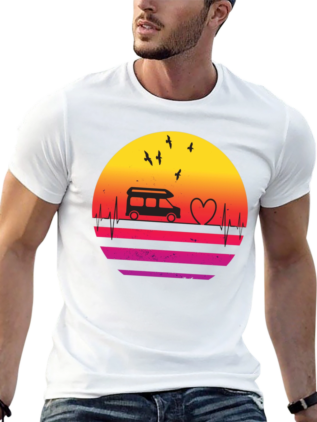 Retro Sunset Camper Van Heartbeat T-Shirt
