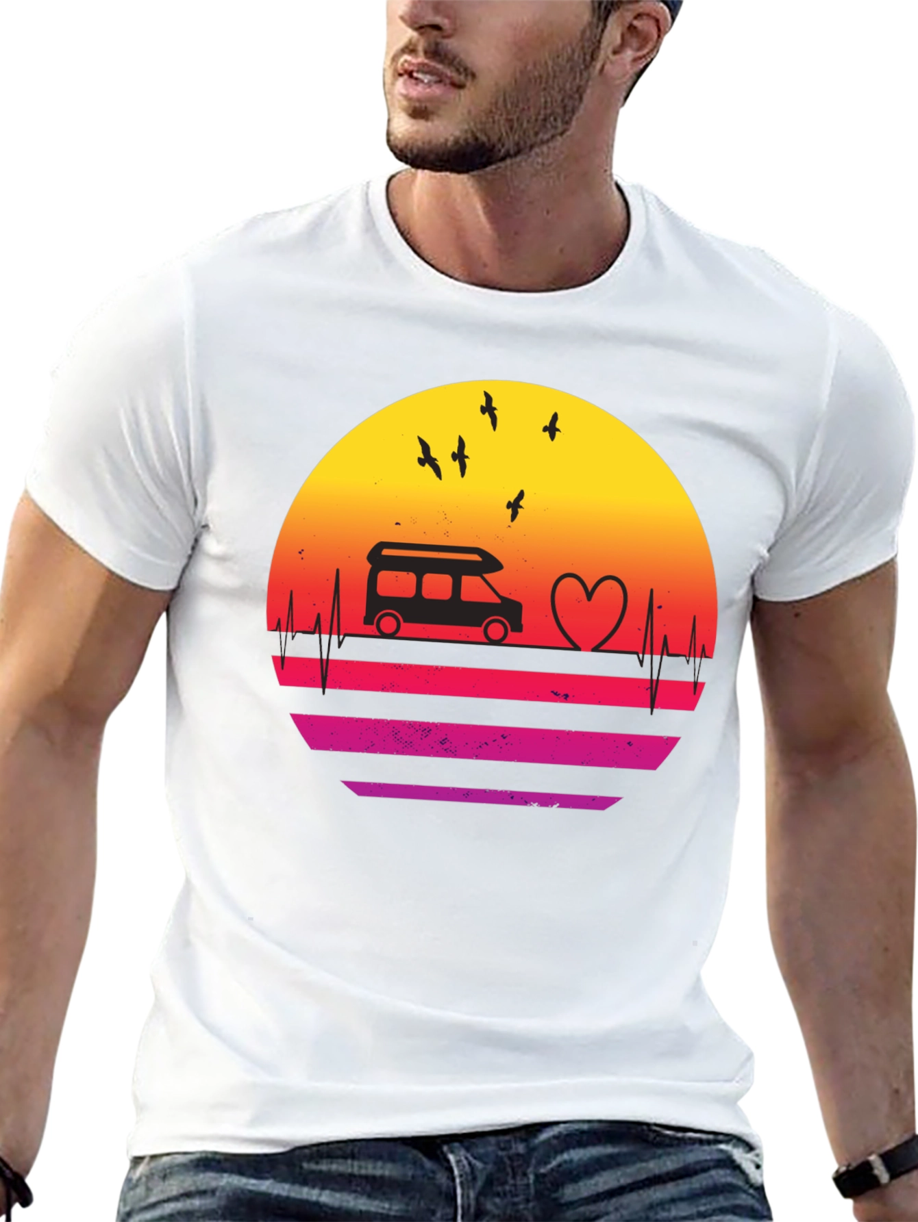 Retro Sunset Camper Van Heartbeat T-Shirt