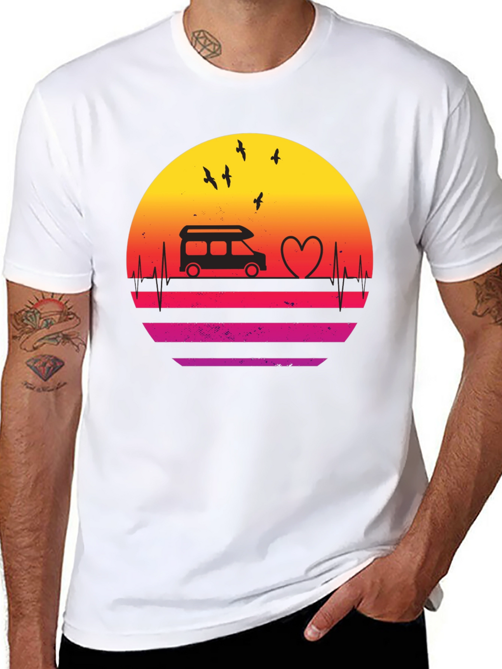 Retro Sunset Camper Van Heartbeat T-Shirt