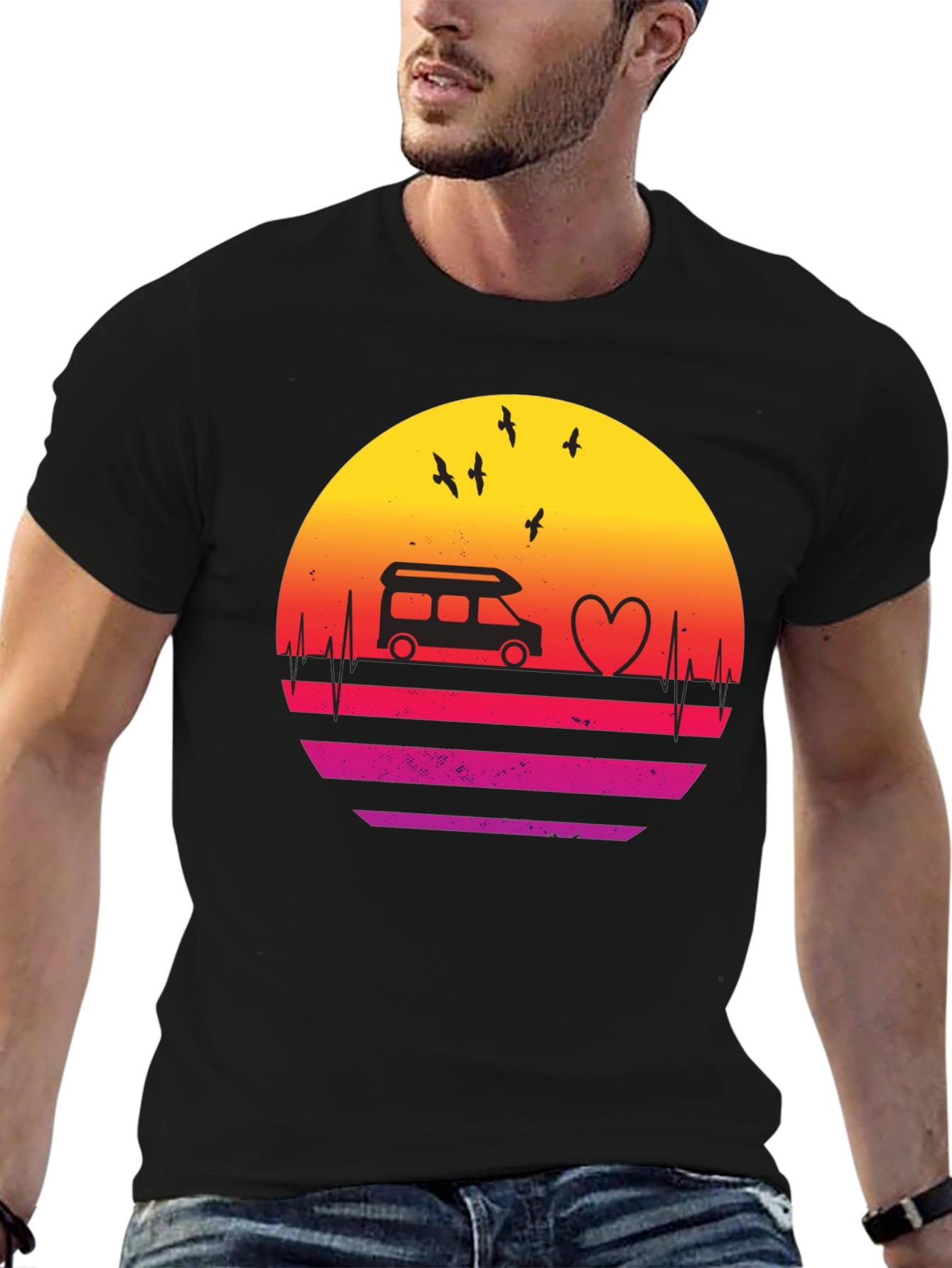 Retro Sunset Camper Van Heartbeat T-Shirt