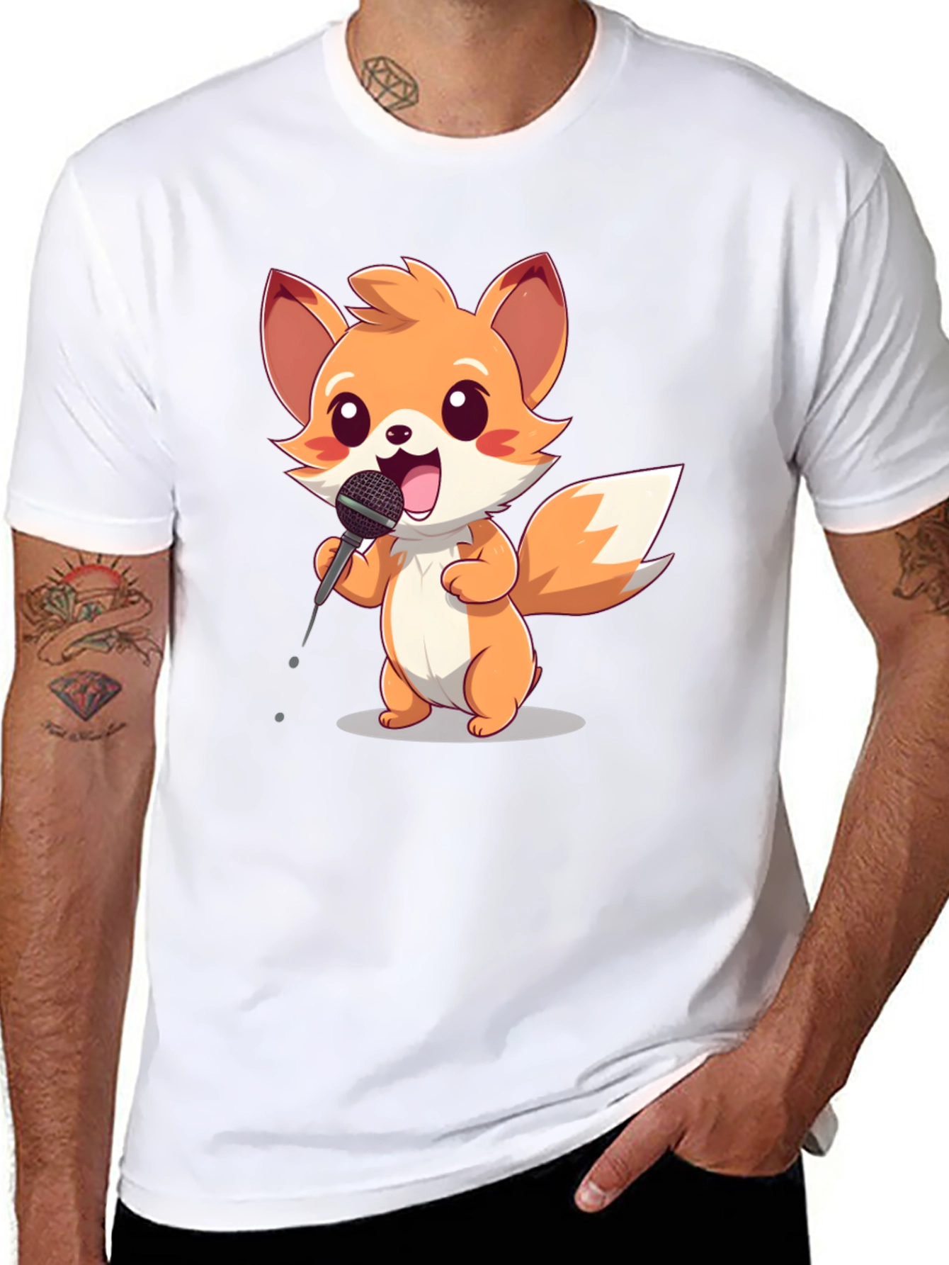 Cartoon Fox Singer Black T-Shirt