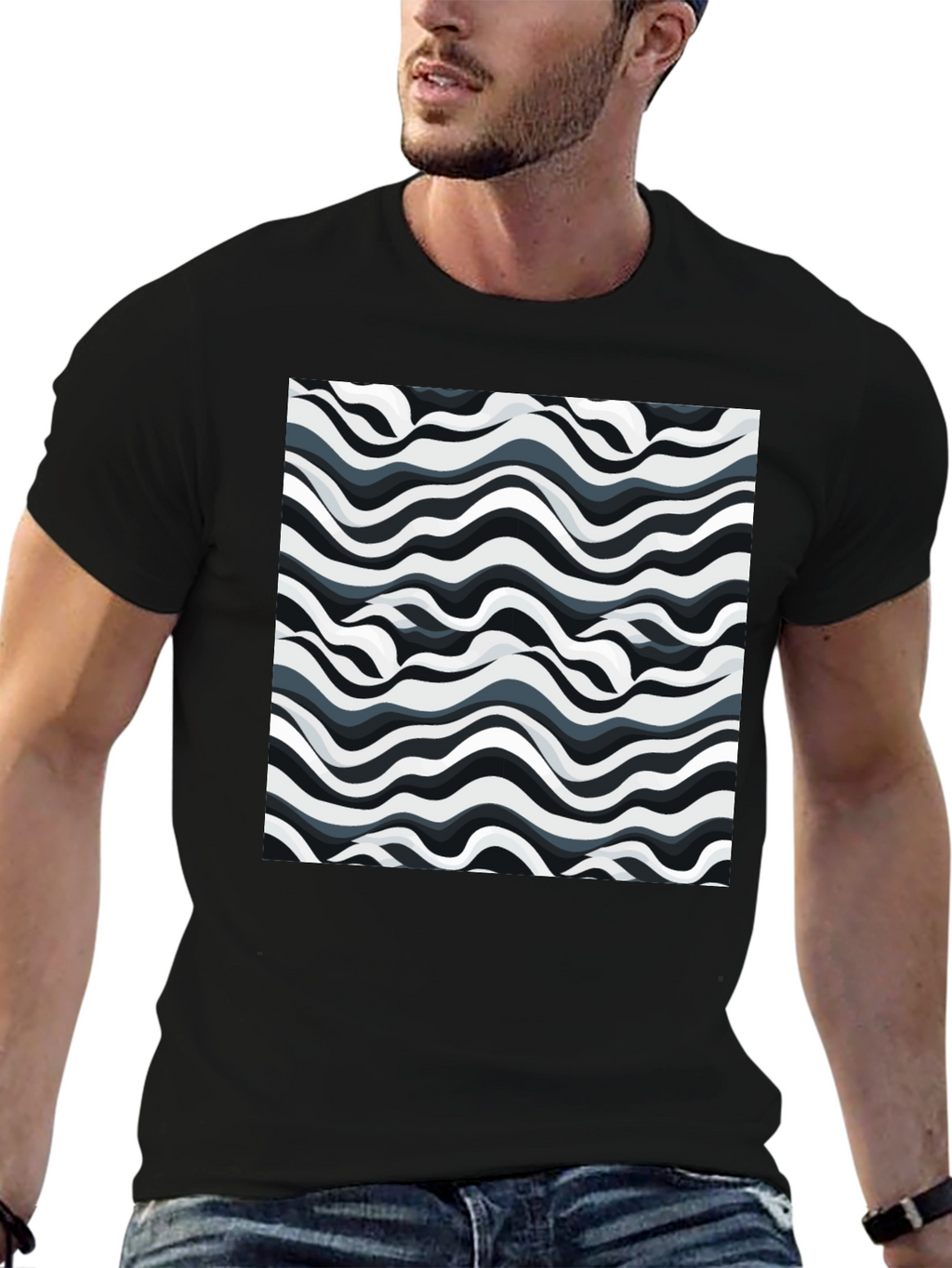 Abstract Wavy Lines Graphic Print Black T-Shirt