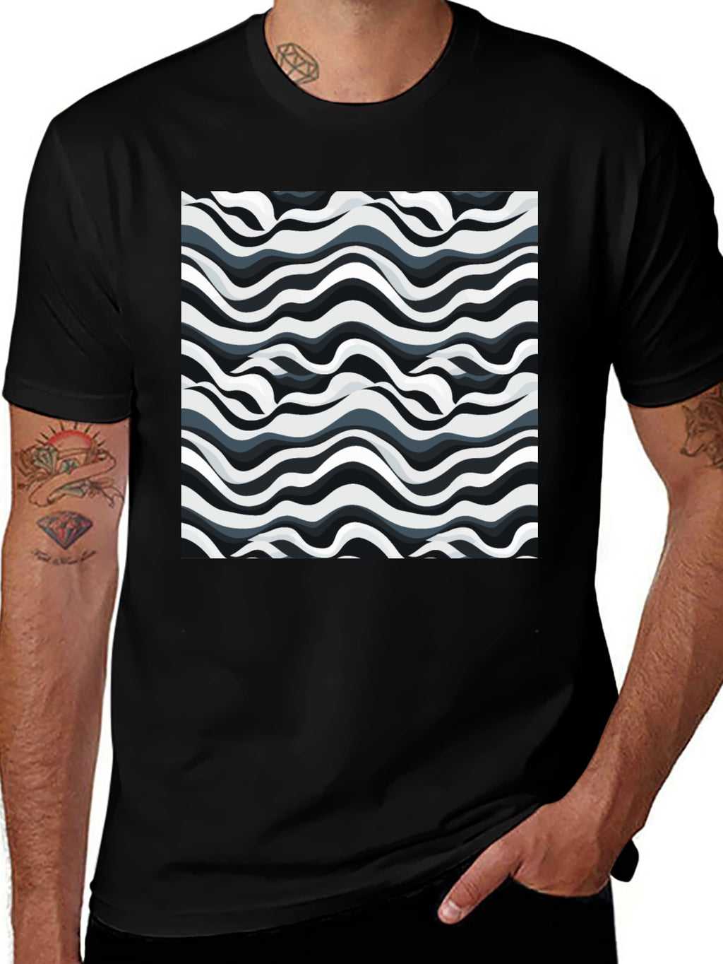 Abstract Wavy Lines Graphic Print Black T-Shirt