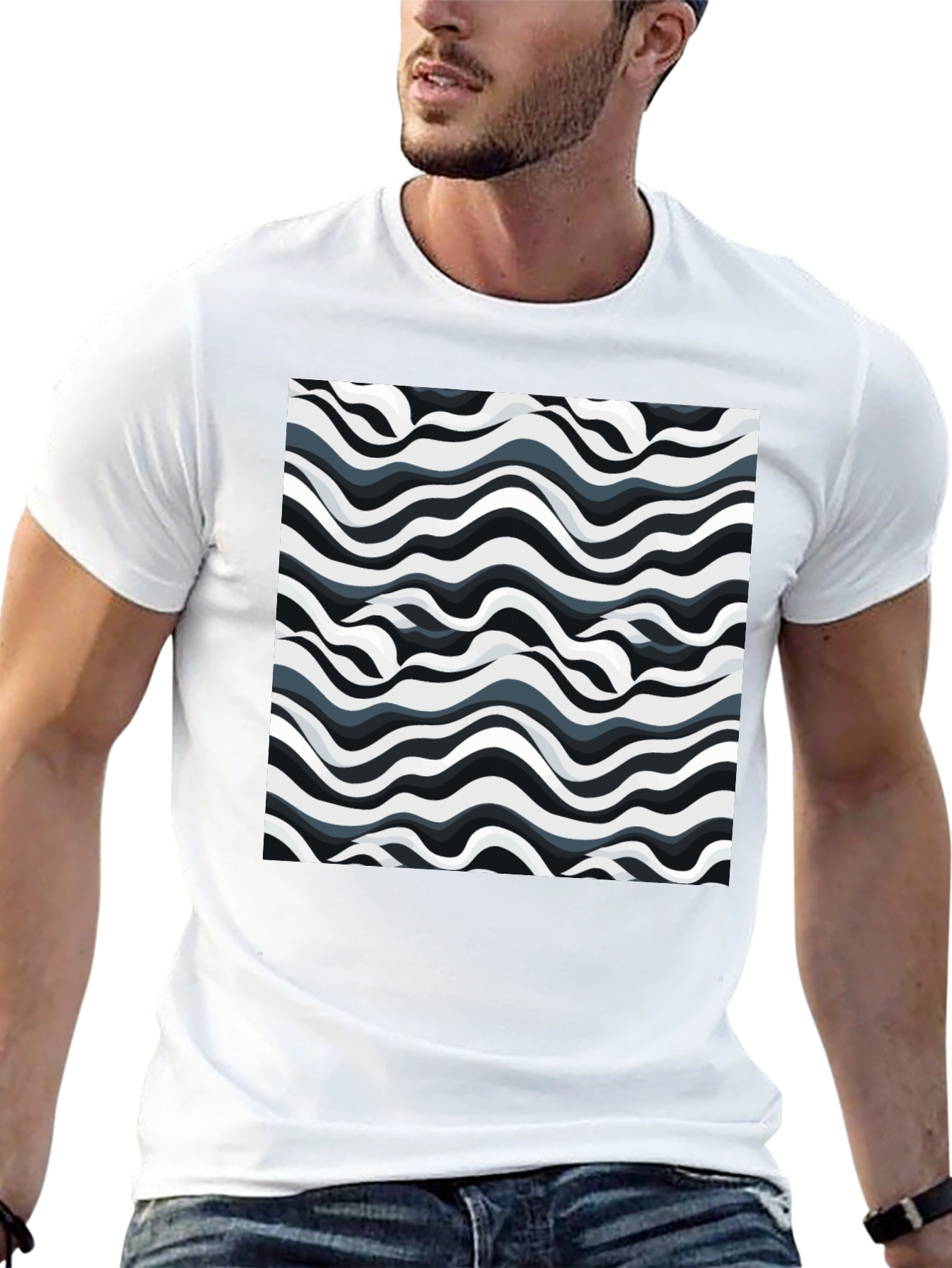 Abstract Wavy Lines Graphic Print Black T-Shirt
