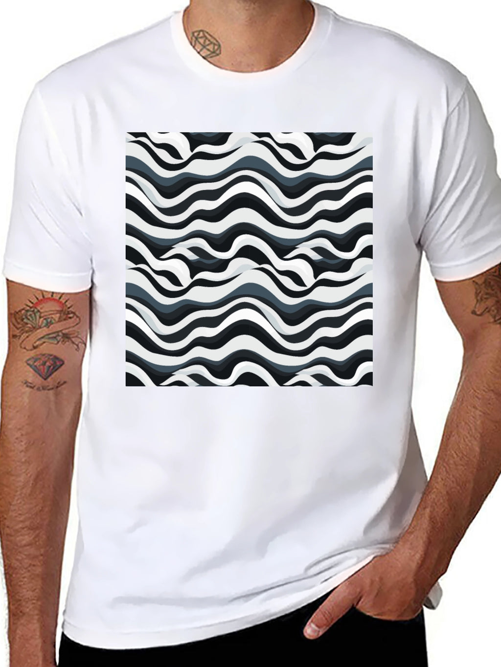 Abstract Wavy Lines Graphic Print Black T-Shirt