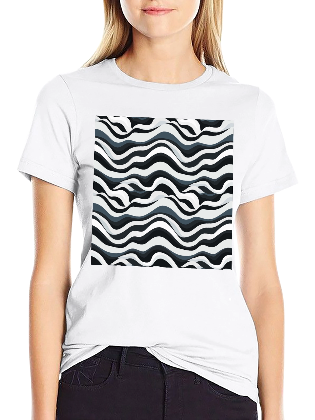 Abstract Wavy Lines Graphic Print Black T-Shirt