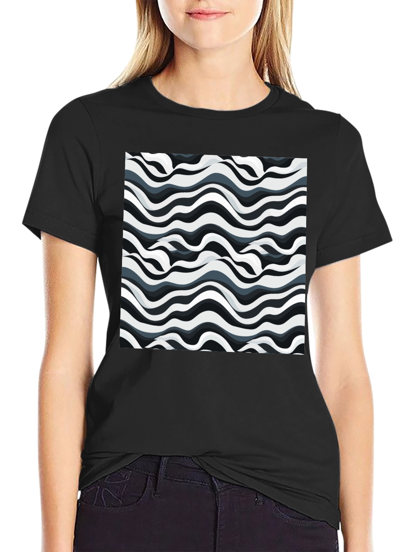 Abstract Wavy Lines Graphic Print Black T-Shirt