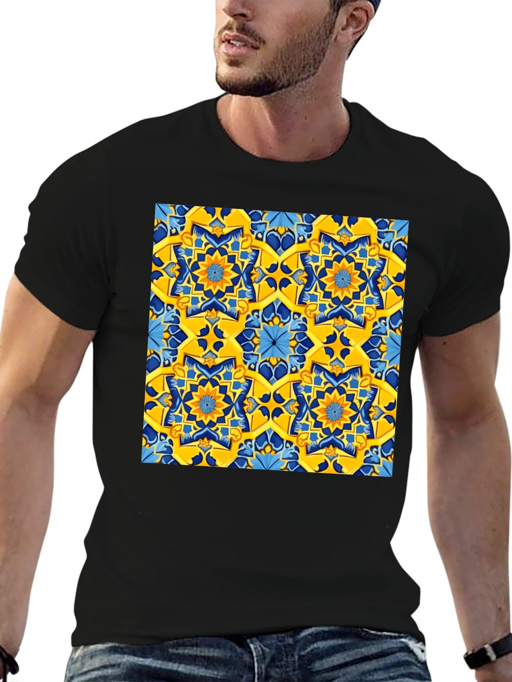 Geometric Pattern T-Shirt - Vivid Yellow & Blue Design