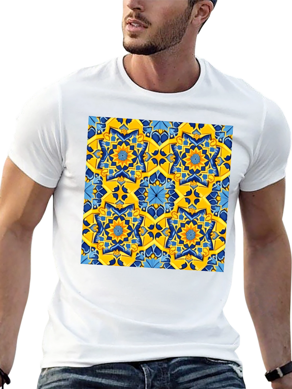 Geometric Pattern T-Shirt - Vivid Yellow & Blue Design
