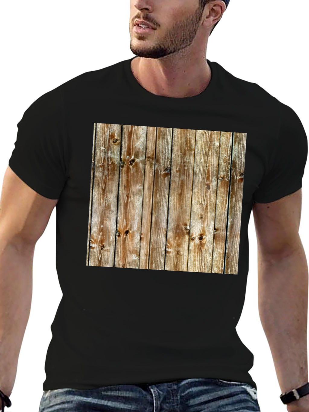 Rustic Wood Grain Print Black T-Shirt