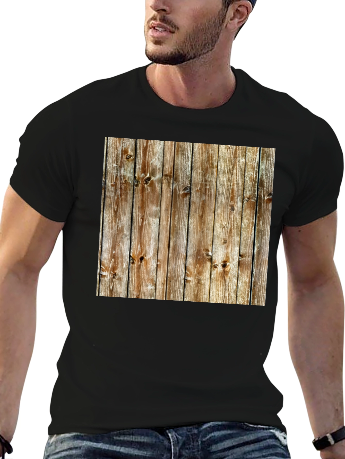 Rustic Wood Grain Print Black T-Shirt