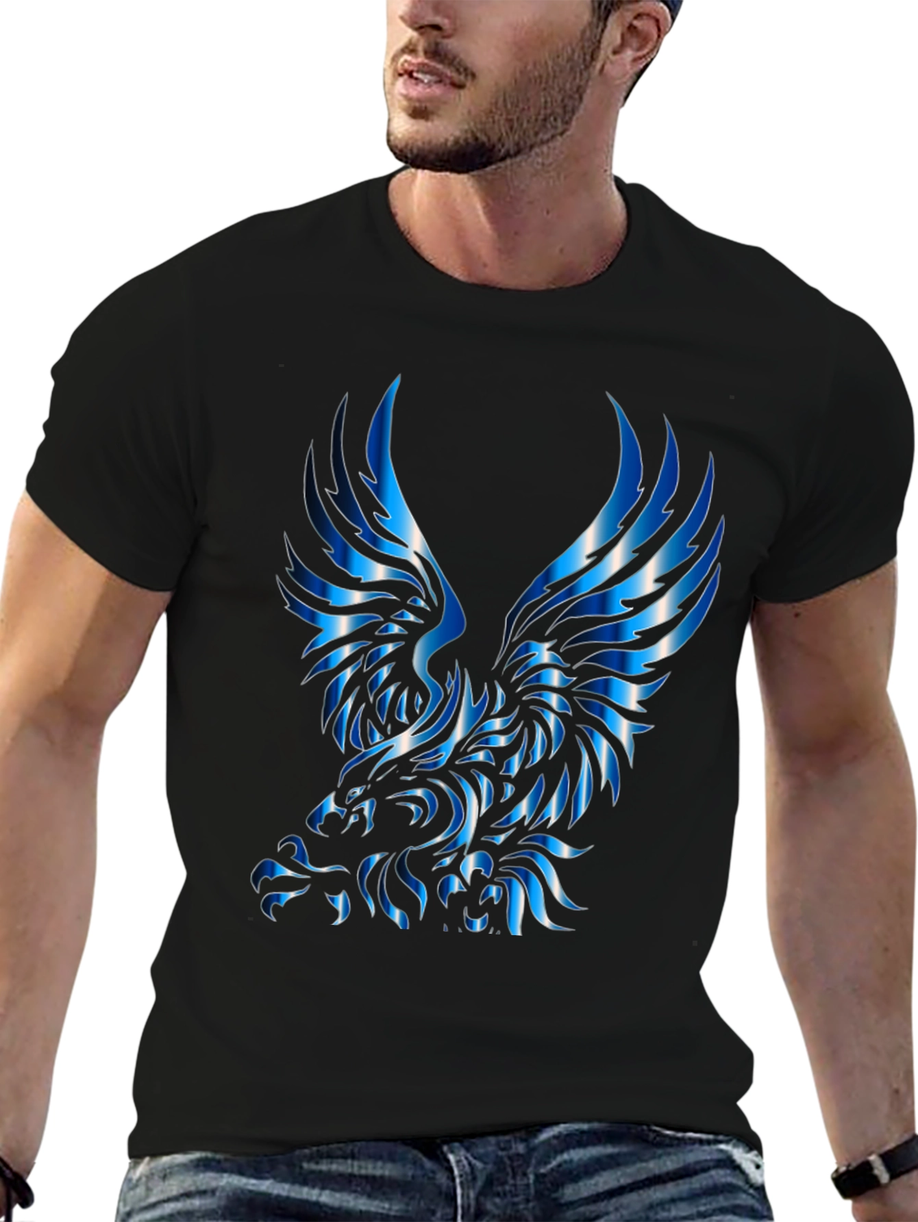 Mens Black T-Shirt with Blue Eagle Graphic